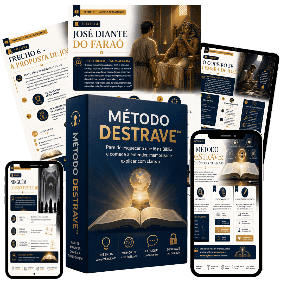 Mockup do Método Destrave™ - Ebook, smartphone e Bíblia