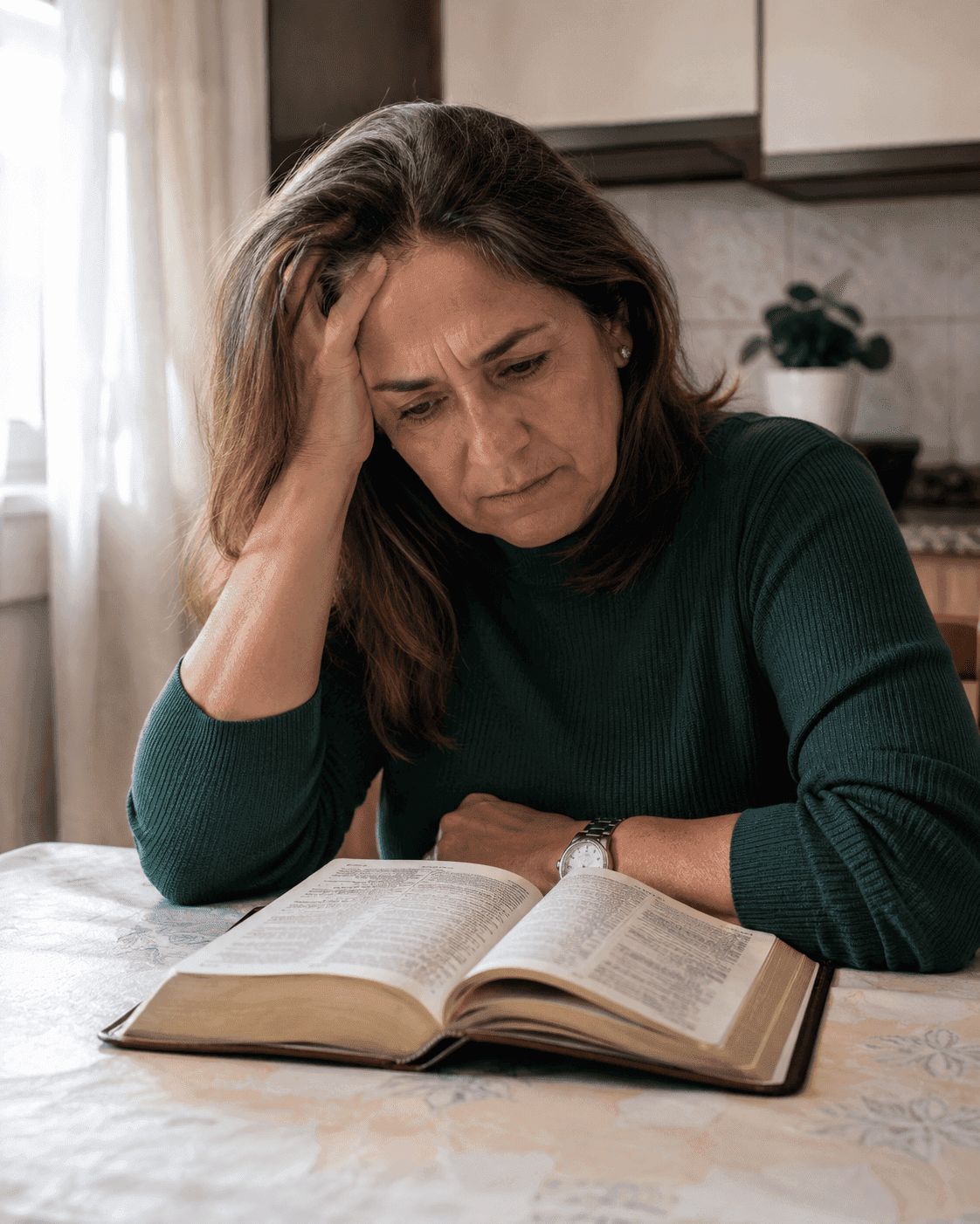 Mulher cristã refletindo diante de uma Bíblia aberta, com expressão de quem busca compreender a leitura.