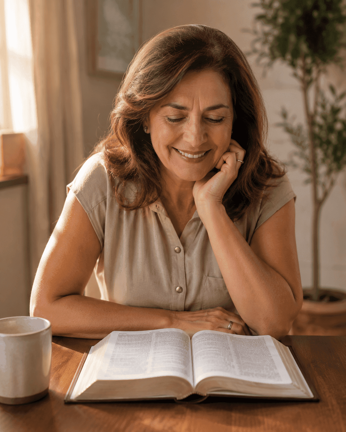Mulher cristã com expressão de alegria e realização após compreender a leitura bíblica