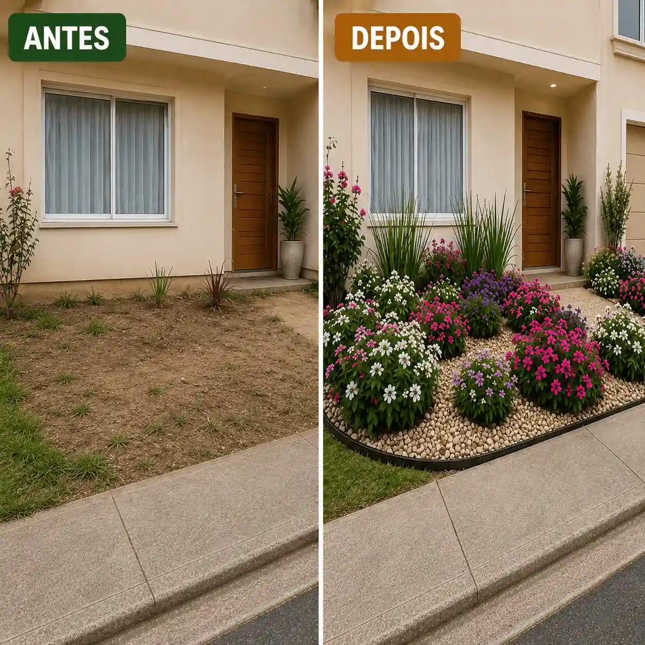 Antes e depois de uma entrada transformada com plantas