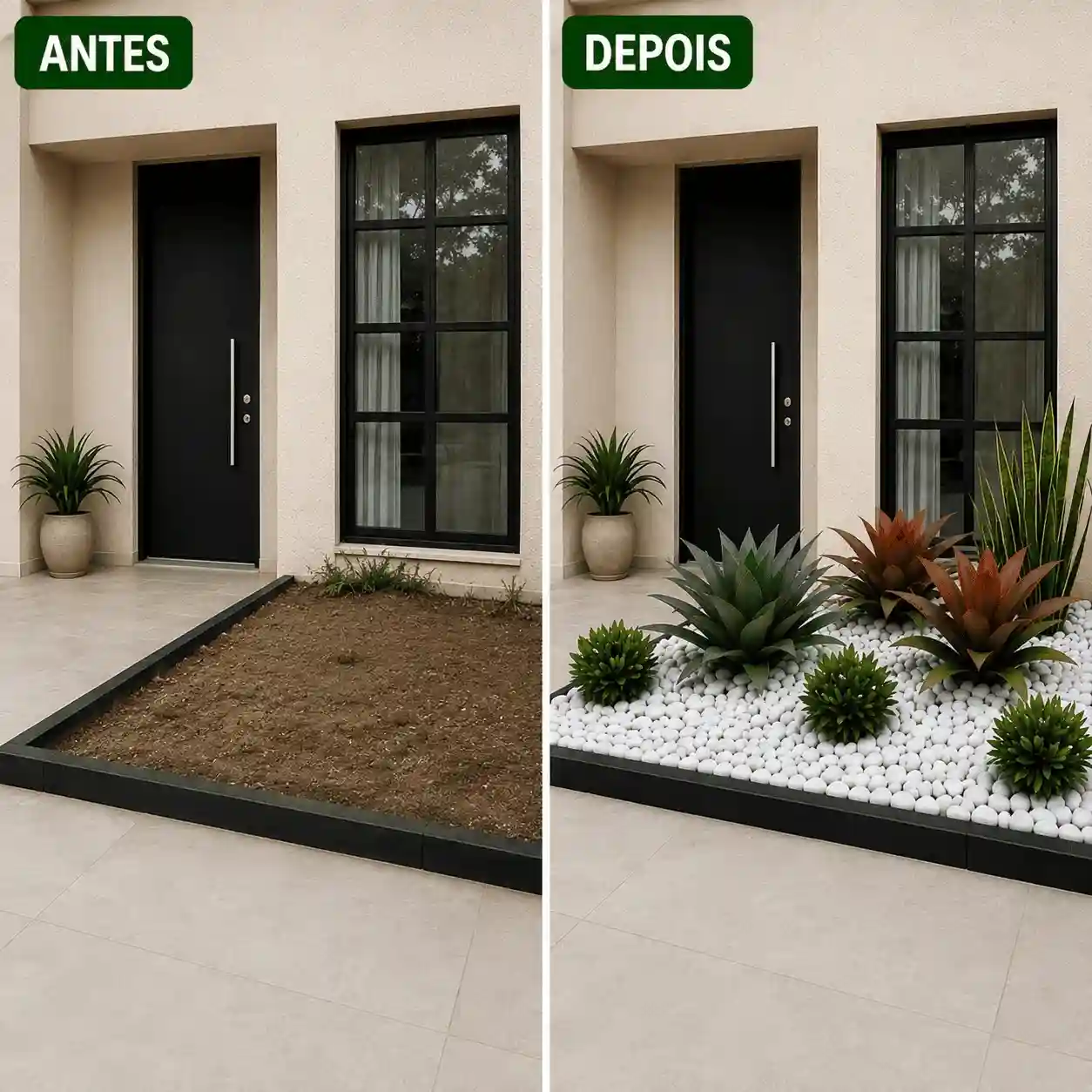 Antes e depois de uma entrada transformada com jardim