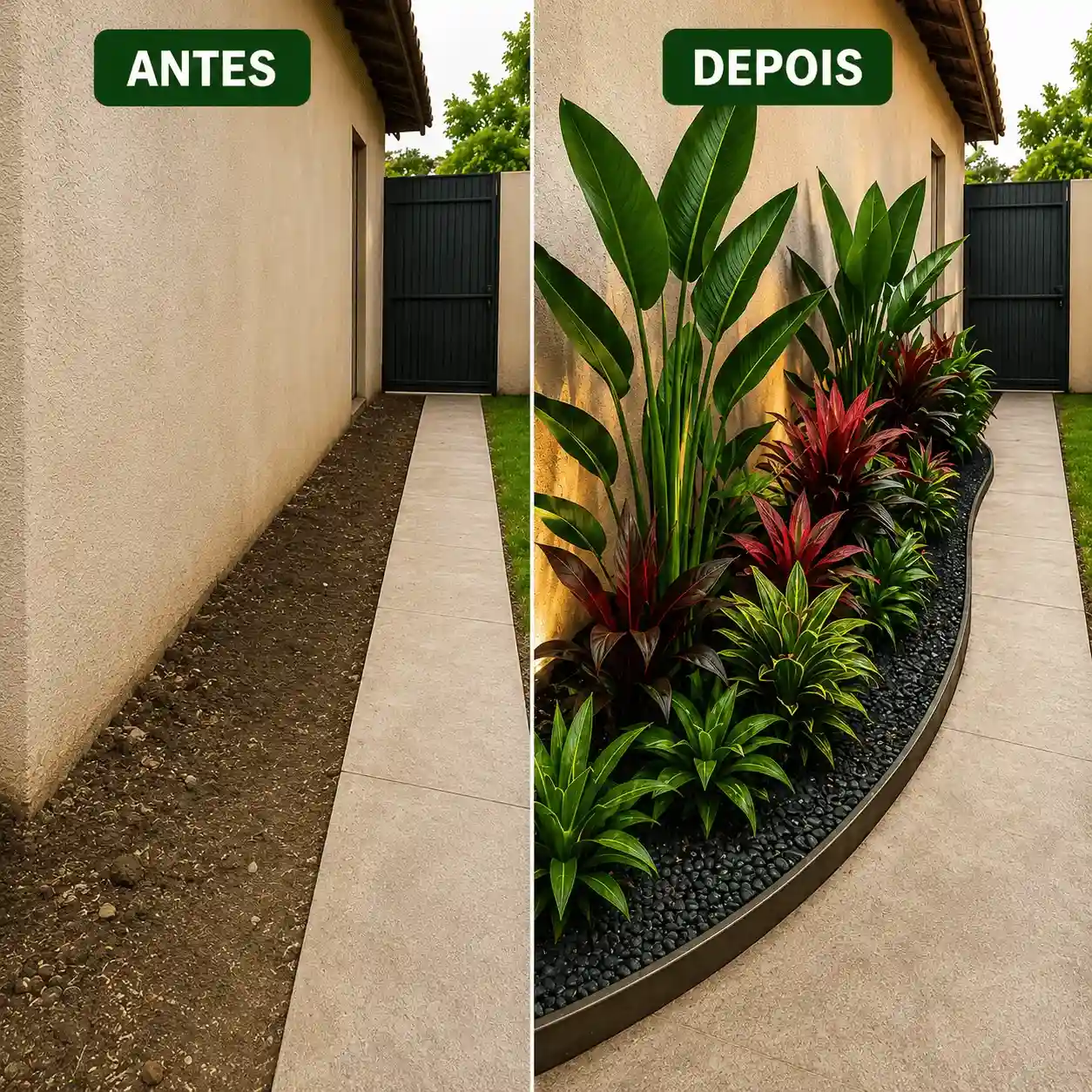 Antes e depois de jardim tropical