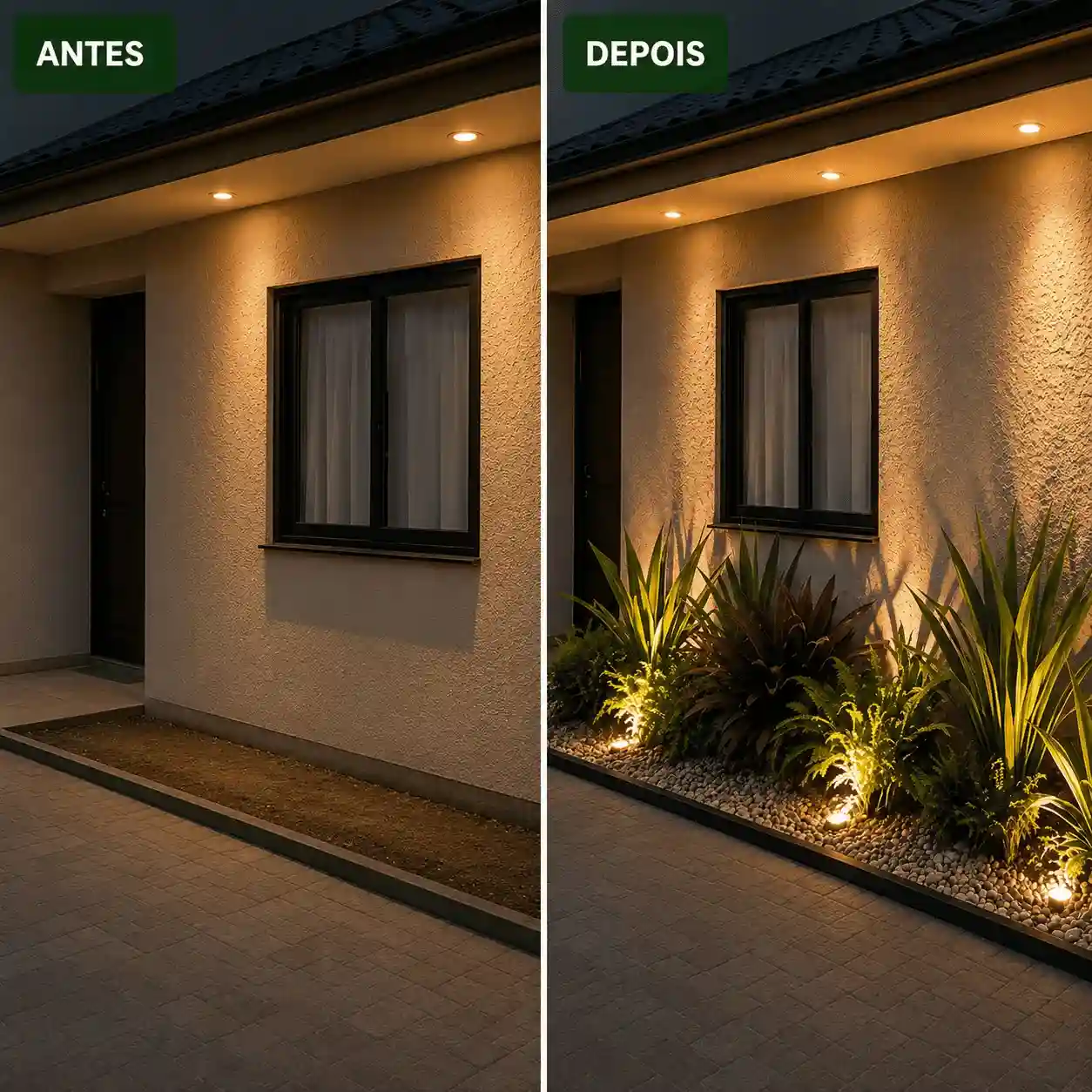 Antes e depois de uma fachada transformada com jardim e iluminação