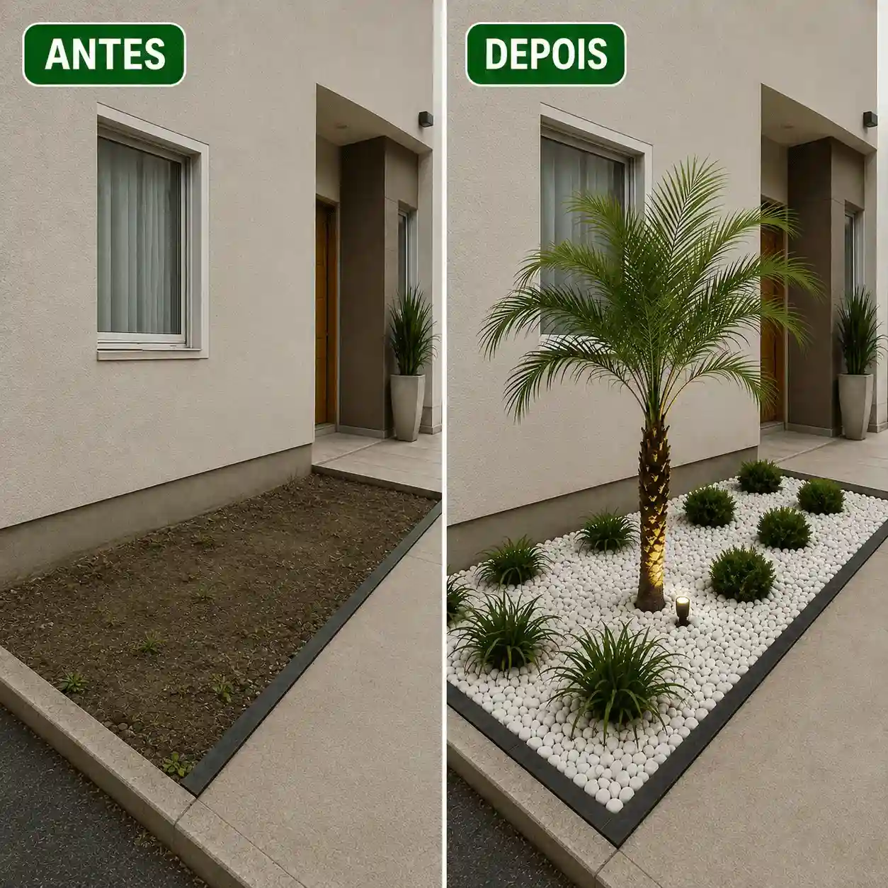 Antes e depois de jardim com pedras e plantas