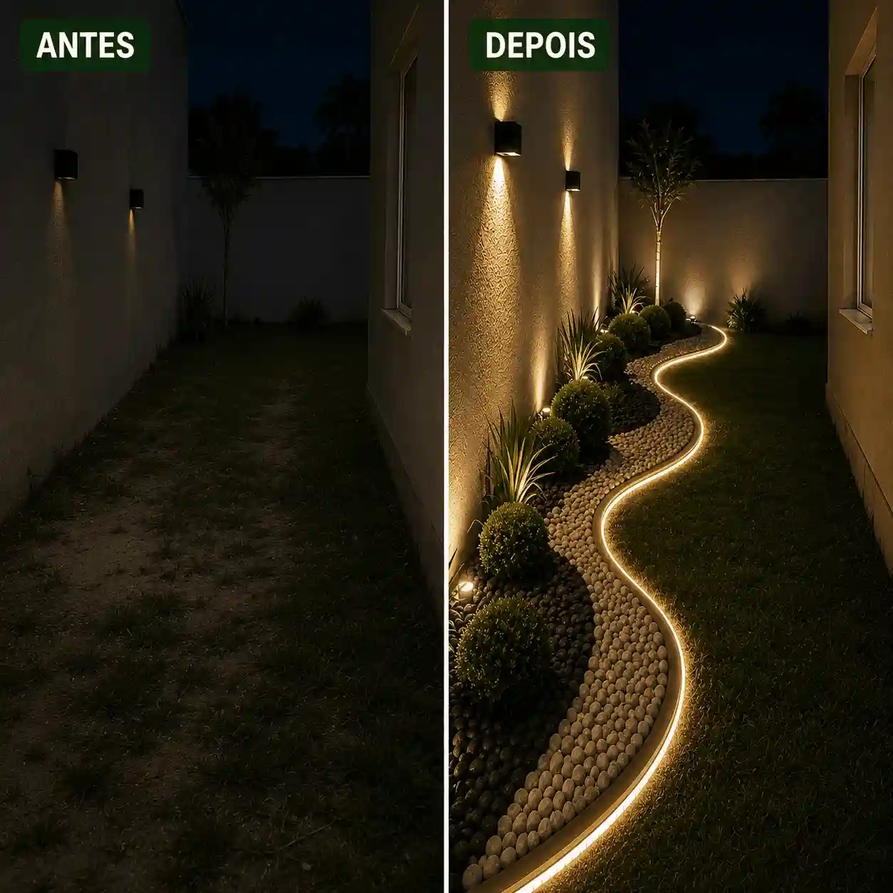 Antes e depois de jardim curvo