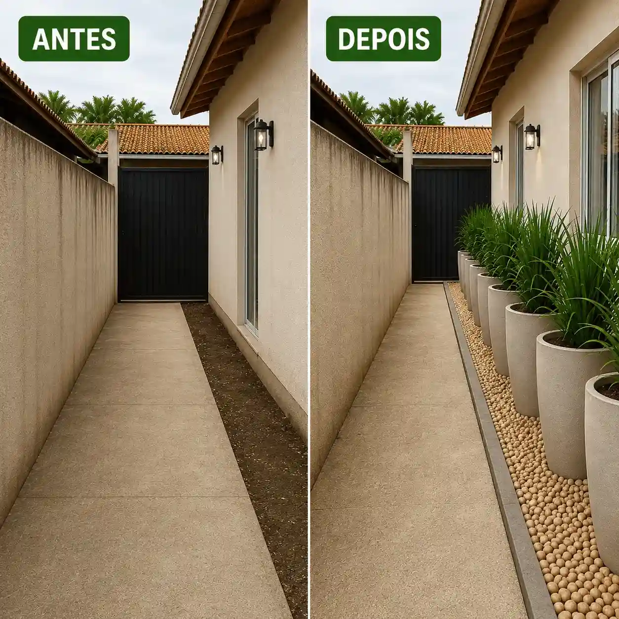 Antes e depois de jardim linear