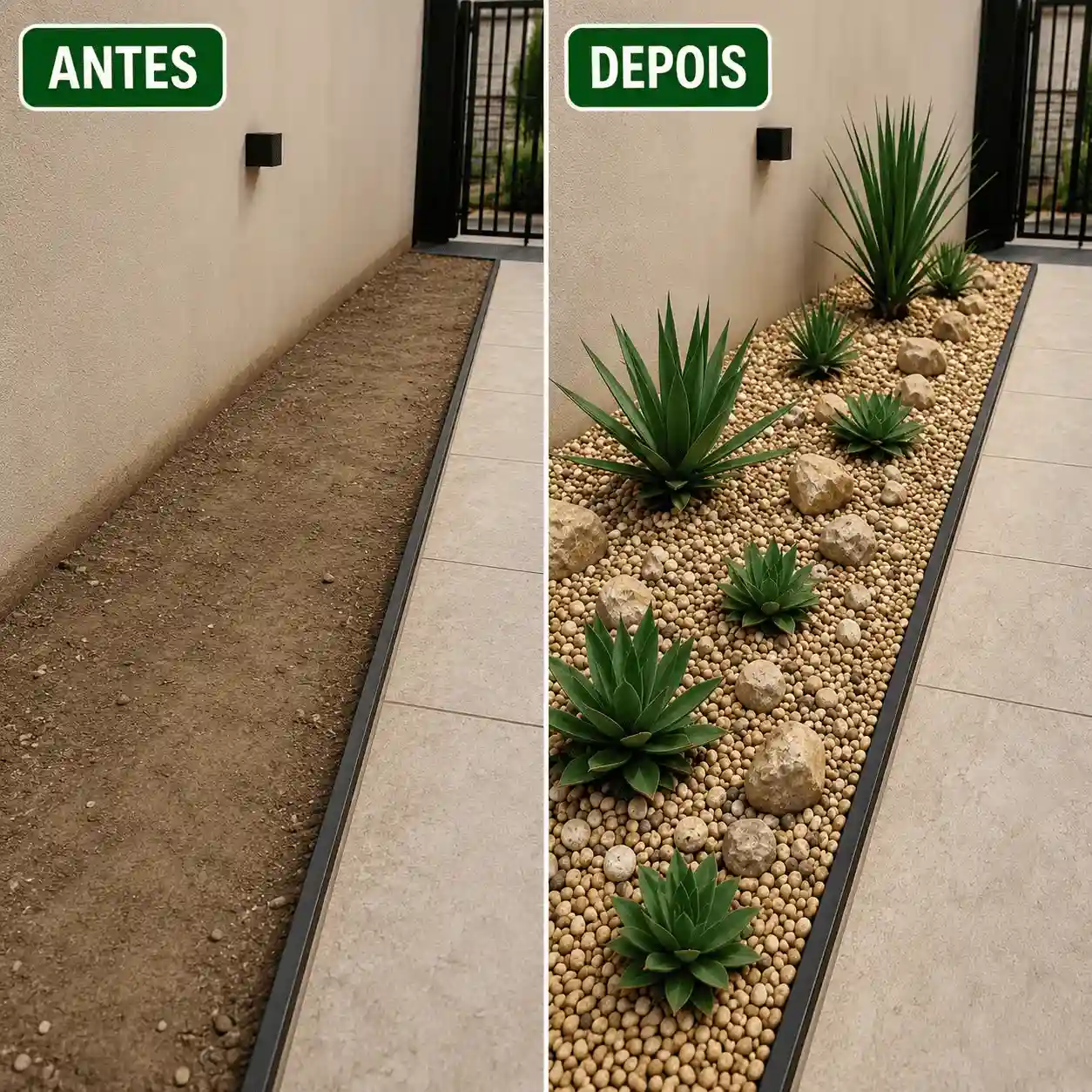 Antes e depois de jardim mineral
