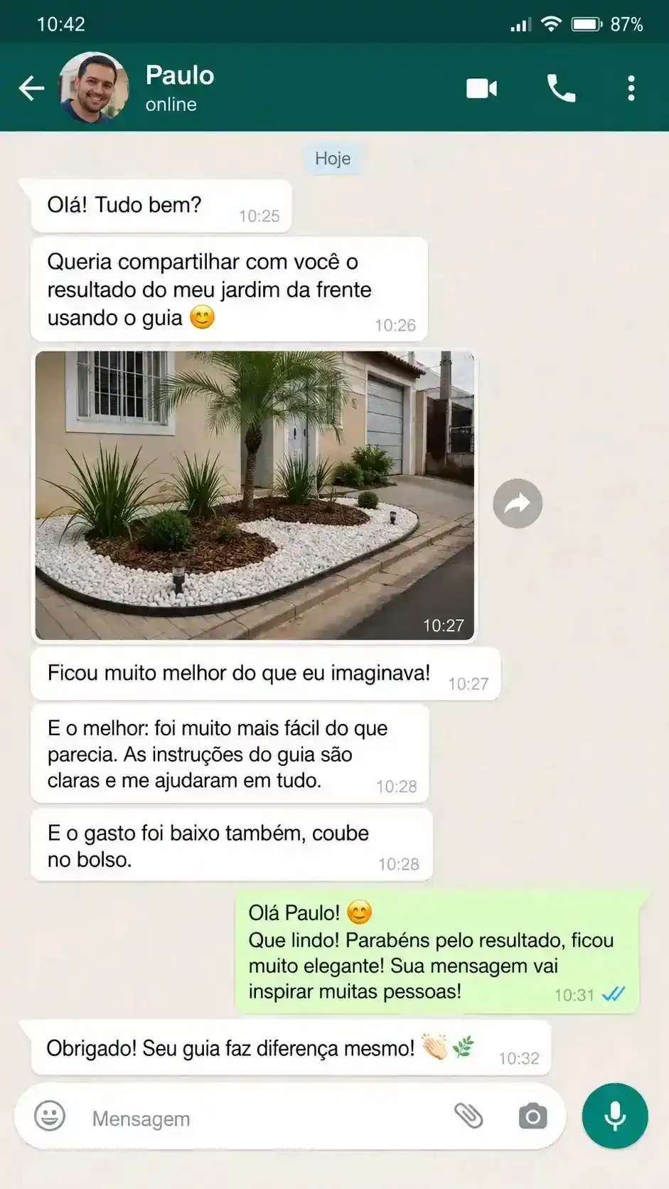 Mensagem no WhatsApp de cliente mostrando a aplicação de um projeto de jardim