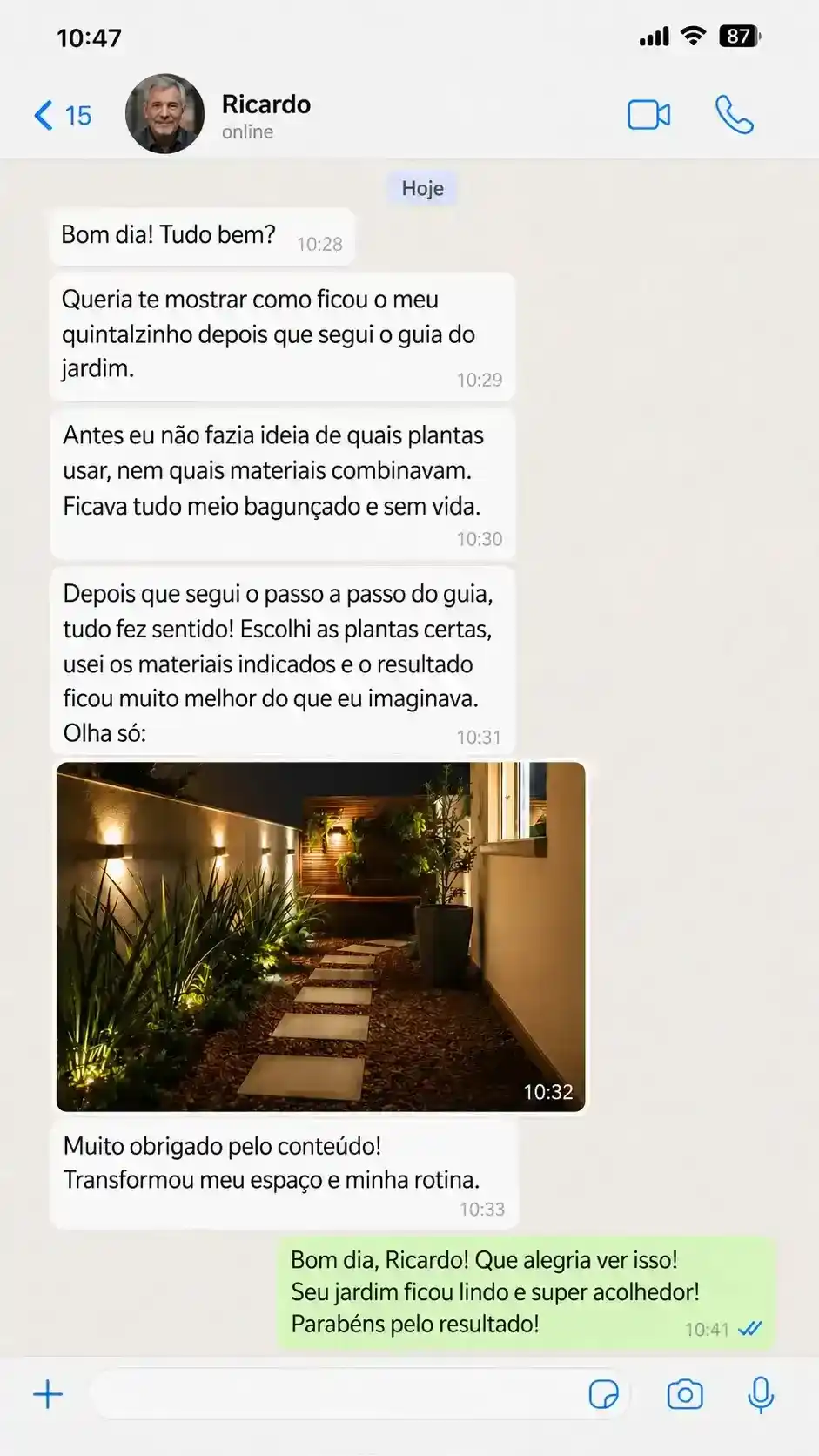 Depoimento de cliente sobre a facilidade de colocar o projeto em prática