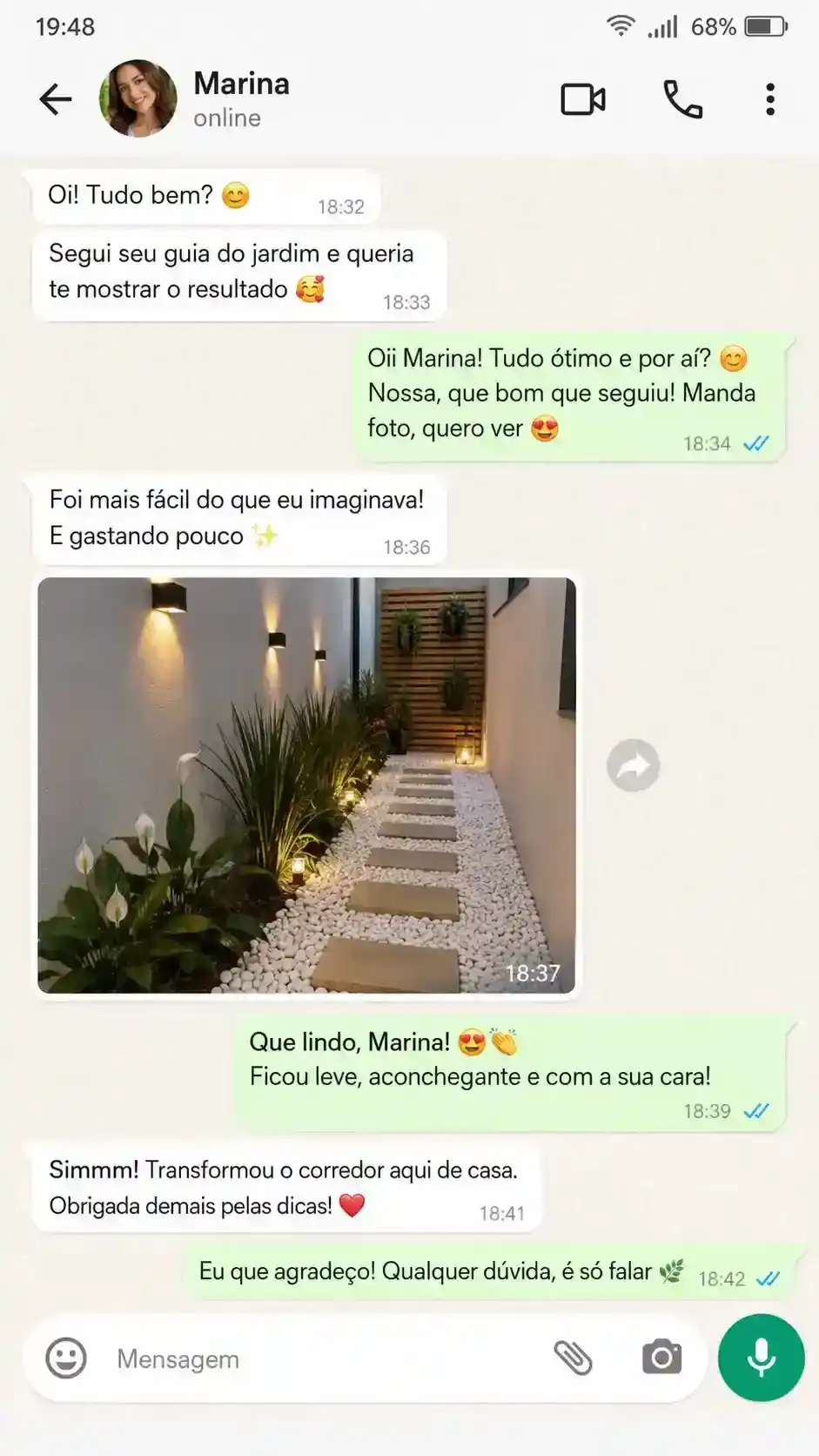 Conversa no WhatsApp de cliente que aplicou um projeto de jardim